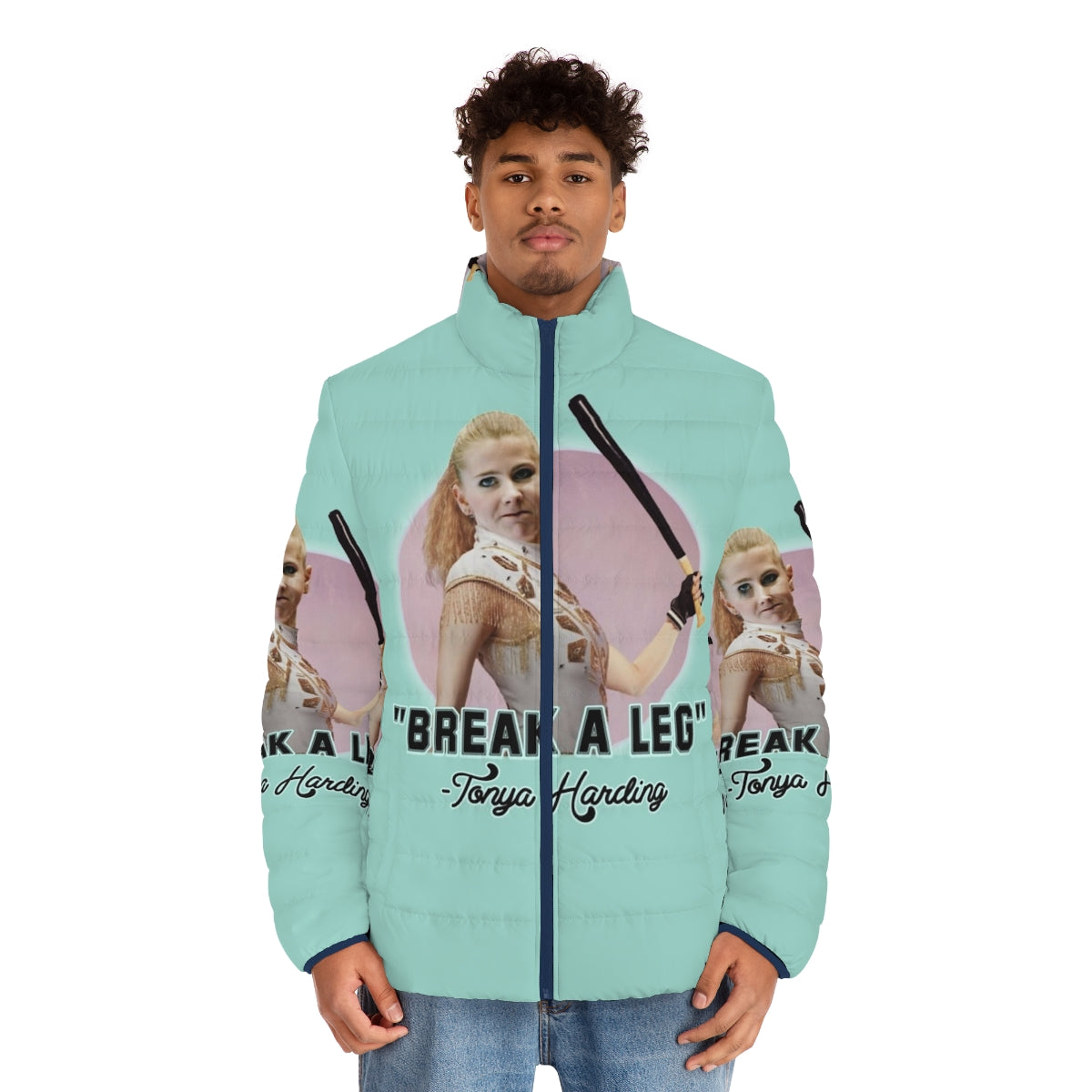 Tonya Harding Puffer Jacket featuring quirky and humorous pop culture art - men front