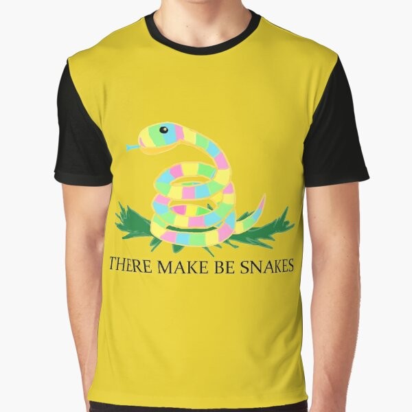 "There May Be Snakes" Graphic T-Shirt featuring a snake silhouette design for outdoor enthusiasts and adventure seekers.