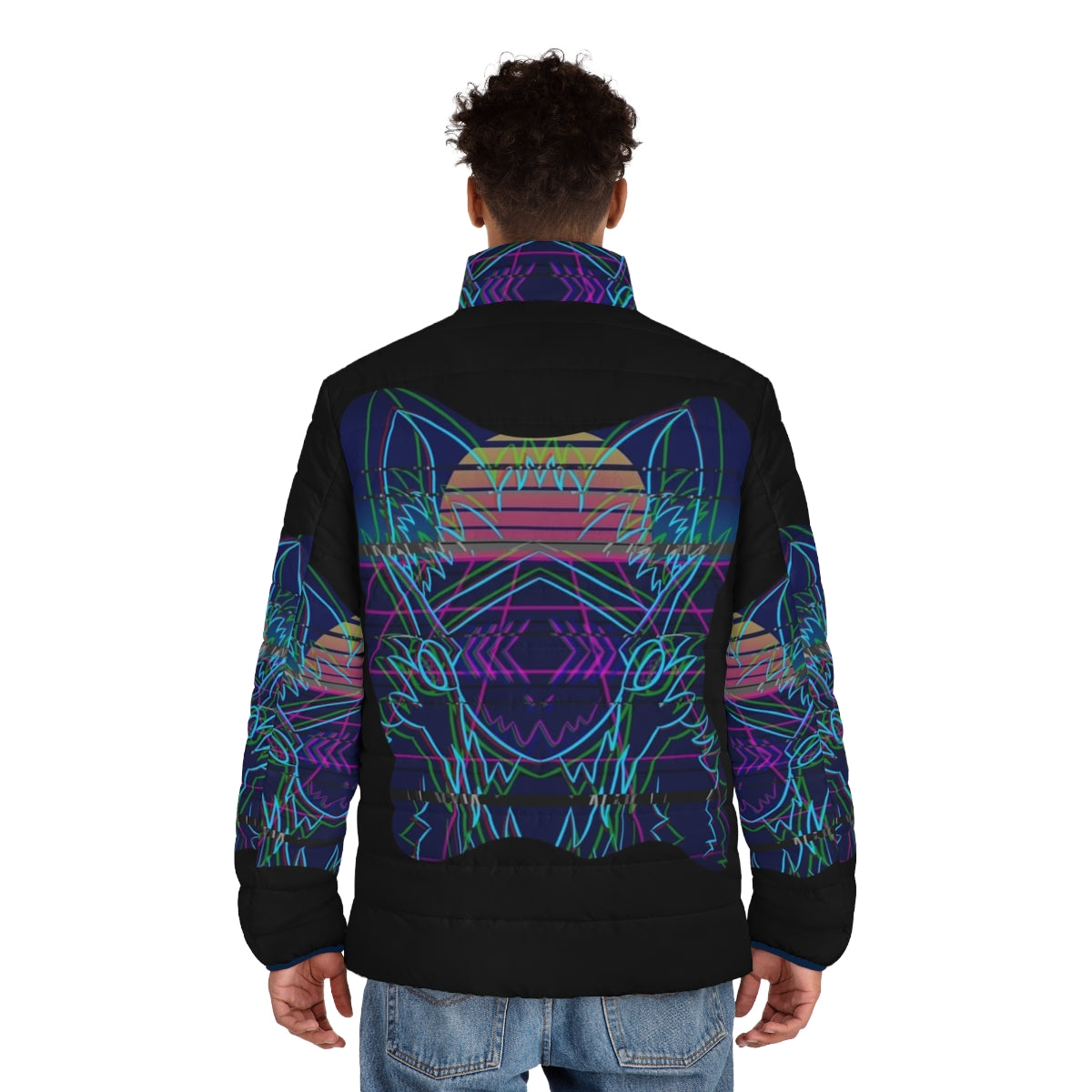 Retro DJ puffer jacket with protogen and cartoon designs - men back