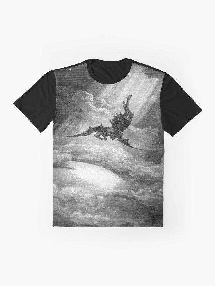 Gustave Dore's depiction of the fall of Satan, the morning star, from heaven in a black and white wood engraving style graphic t-shirt. - Flat lay