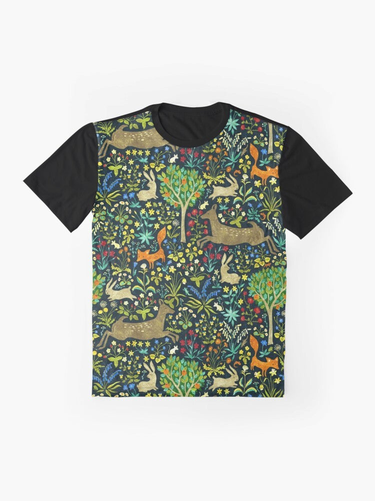 Arazzo Medievale medieval graphic t-shirt featuring animals like hares, rabbits, deer, and foxes in a forest setting - Flat lay