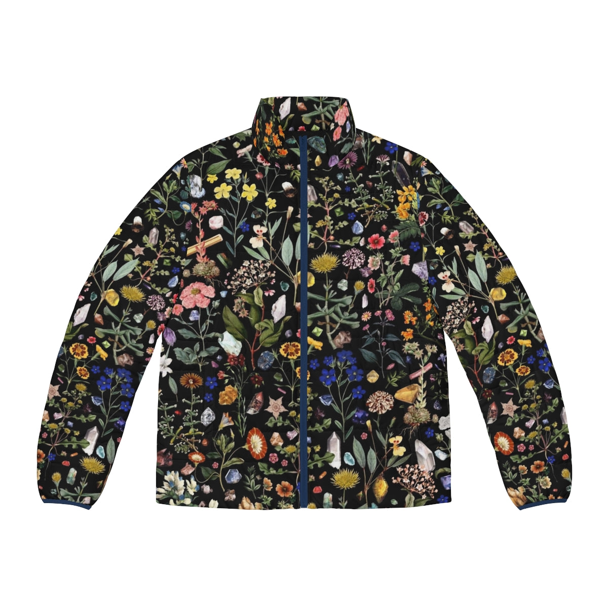 Healing floral puffer jacket with digital plant, flower, and botanical pattern design