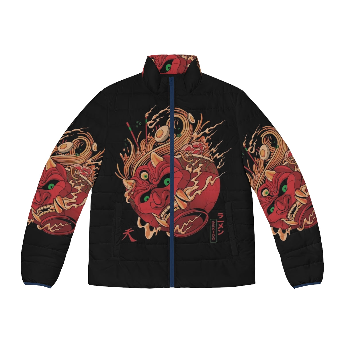 Man wearing Gekido Ramen Puffer Jacket with Japanese demon and ramen graphics