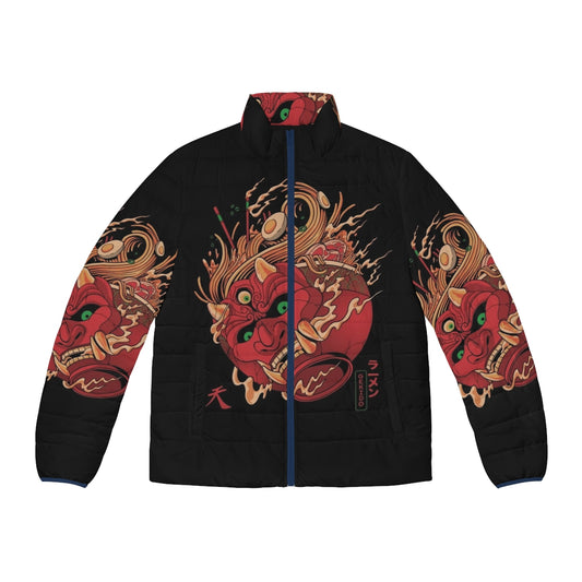 Man wearing Gekido Ramen Puffer Jacket with Japanese demon and ramen graphics