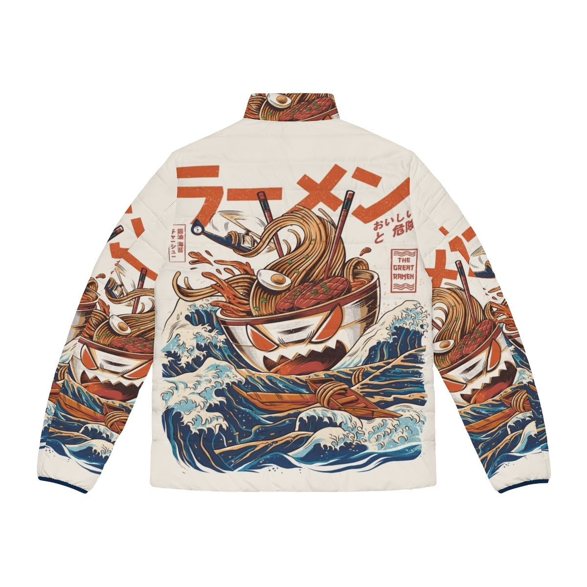 Puffer jacket featuring a vintage Japanese-style illustration of a kaiju monster emerging from a bowl of ramen noodles - Back