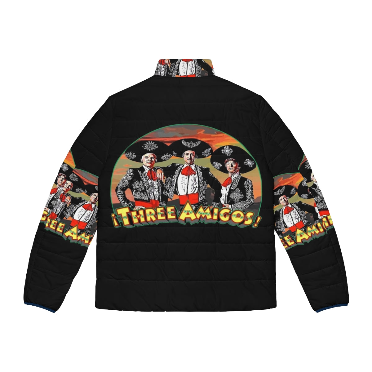 Three Amigos Puffer Jacket featuring the iconic comedy trio from the classic 80s film - Back