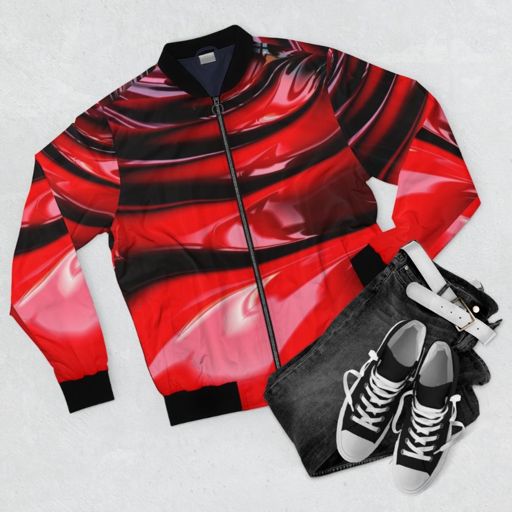 Slippery red latex bomber jacket with a wet paint effect - Flat lay