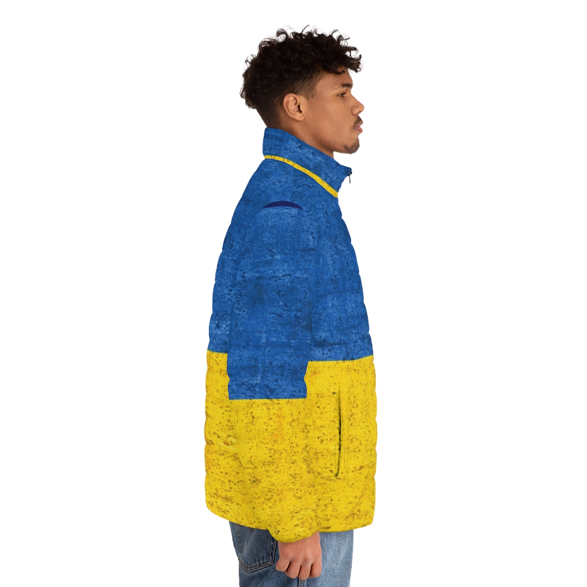 Ukrainian flag puffer jacket with blue and yellow colors - men side right