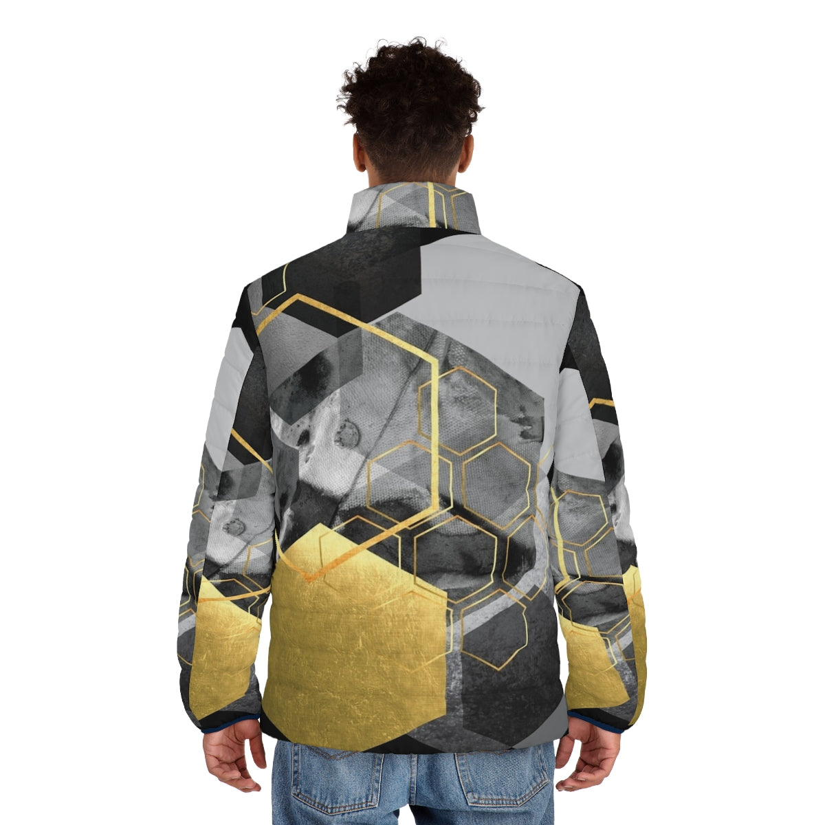 Geometric hexagon pattern puffer jacket with modern abstract art design - men back