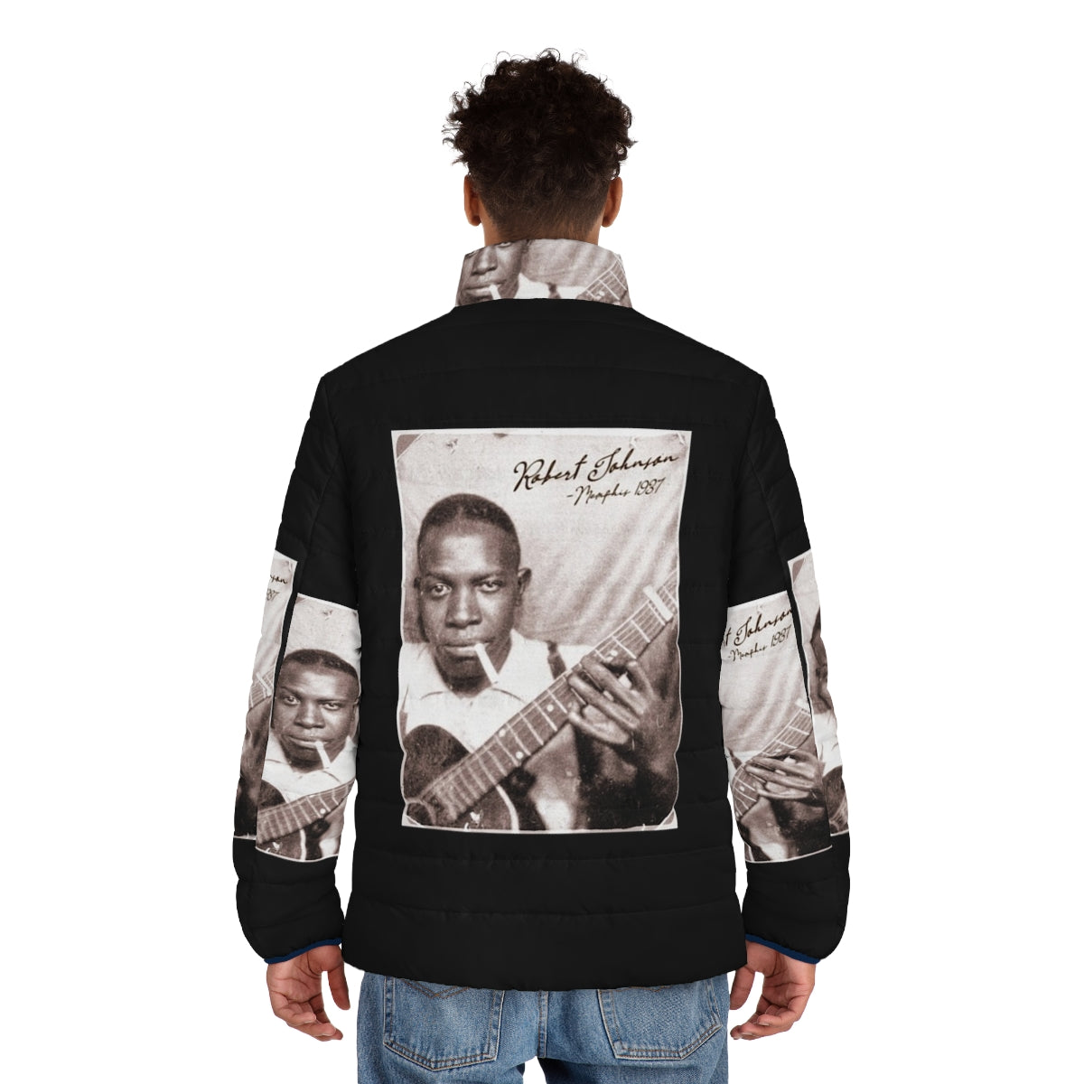 Retro Robert Johnson Blues Puffer Jacket featuring a vintage-style portrait of the legendary blues musician - men back