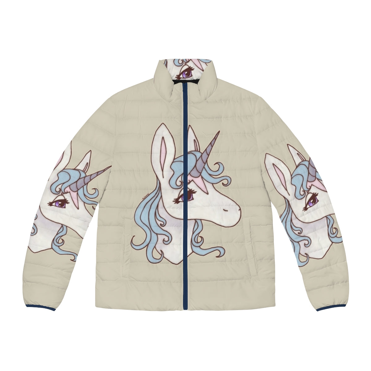 A puffer jacket featuring the iconic Lady Amalthea from the fantasy classic The Last Unicorn