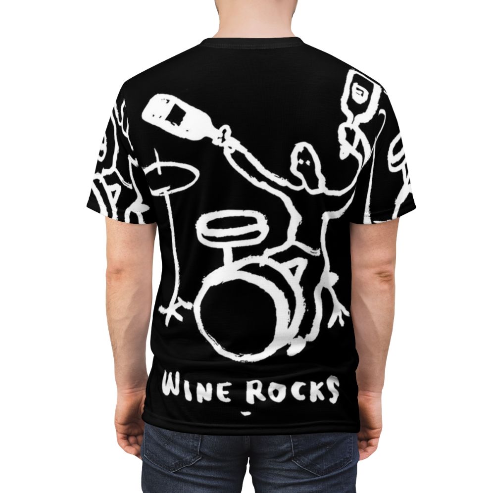 Stylish t-shirt featuring a collage of rocks, musical instruments, and other music-related elements - men back