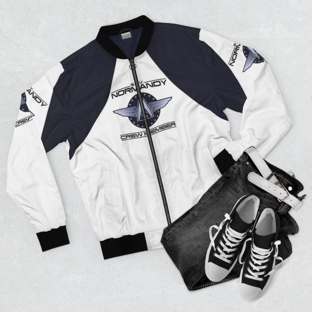 Mass Effect Normandy Crew Member Bomber Jacket featuring the SSV Normandy logo and N7 design - Flat lay