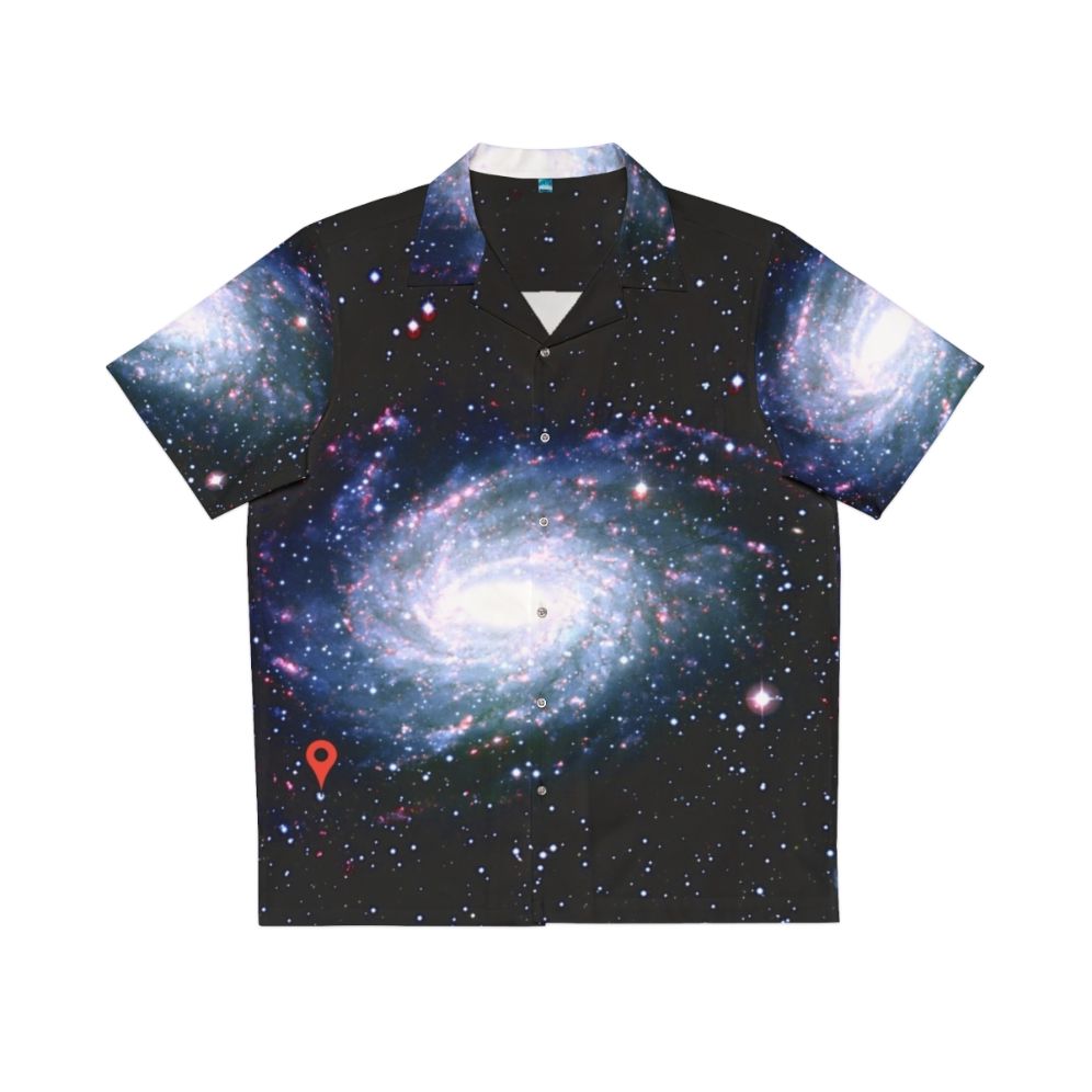 Galactic Location Hawaiian Shirt featuring a cosmic print of stars, planets, and the Milky Way