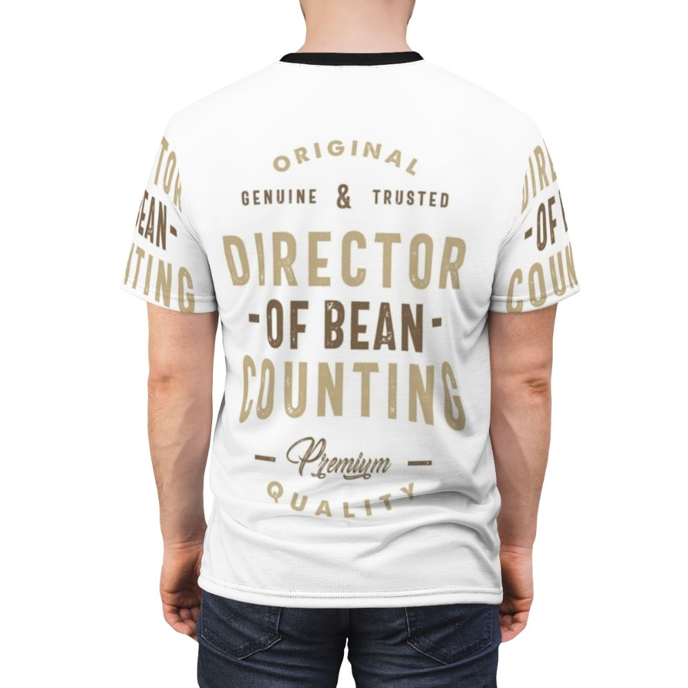 A t-shirt design featuring the text "Director of Bean Counting" in a stylized typography layout. - men back