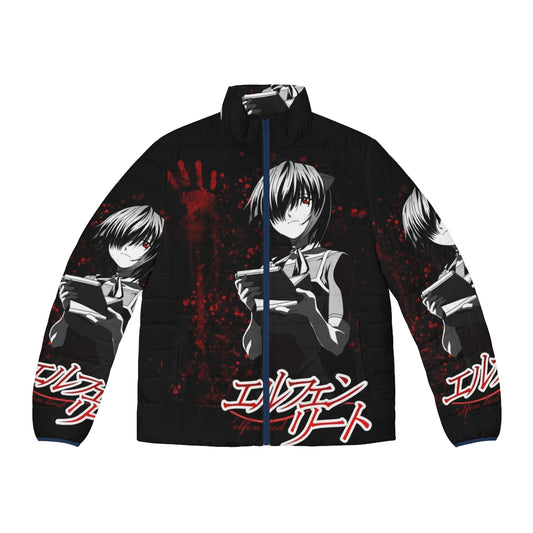 Elfen Lied anime-inspired puffer jacket with blood and character graphics