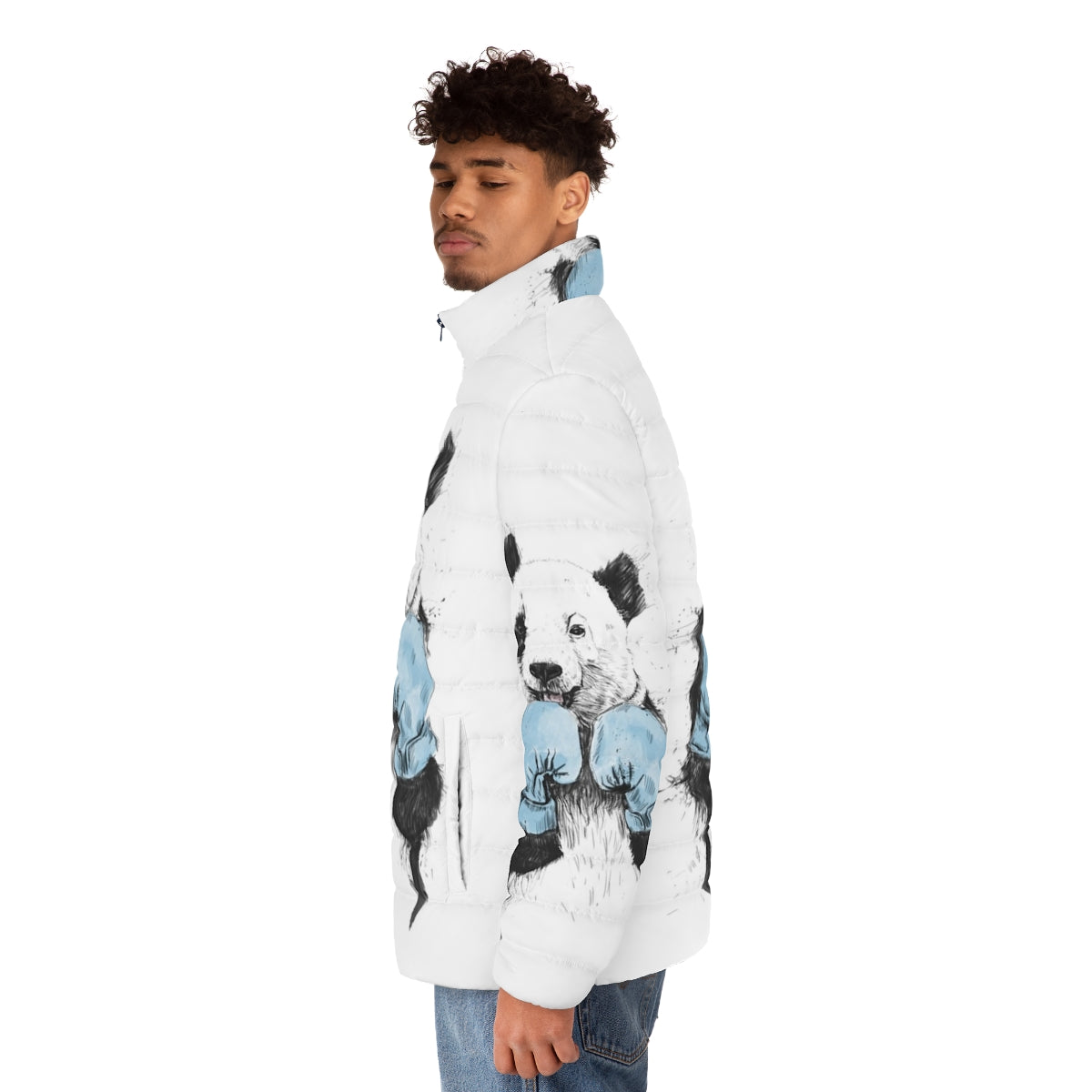 A puffer jacket with a funny animal print design, featuring a boxing panda illustration. - men side left