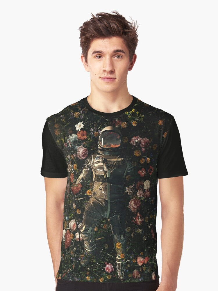 Interstellar Floral Graphic T-Shirt featuring a surreal design with flowers, space, and cosmic elements. - Men