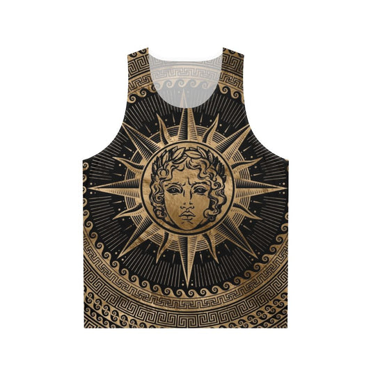 Unisex tank top featuring the Greek sun god Apollo with a Greek key pattern design