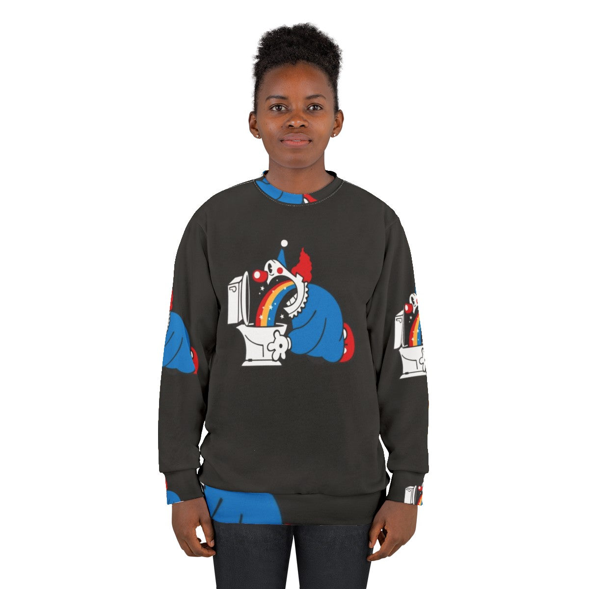 Clown puking rainbow graphic on sweatshirt - women