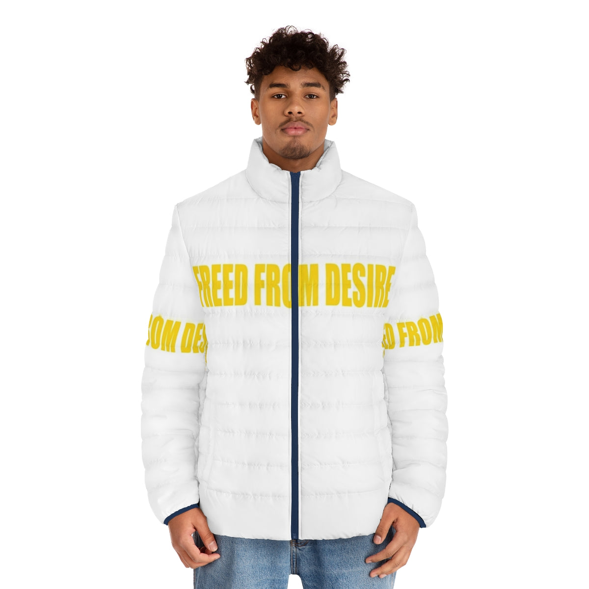 Model wearing a "Freed From Desire" 90s inspired puffer jacket - men front