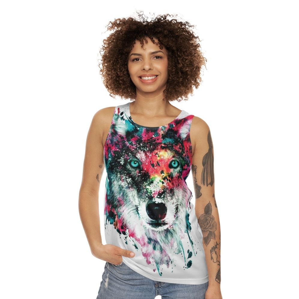 Vibrant wolf tank top with abstract watercolor art - women