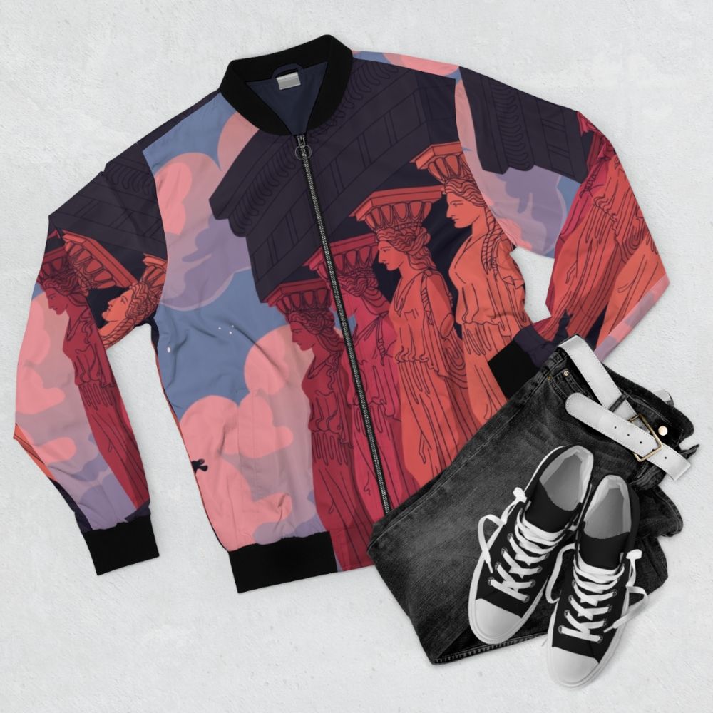 Bomber jacket featuring a landscape design with caryatids, ancient Greek architectural elements, against a dusk sky background - Flat lay