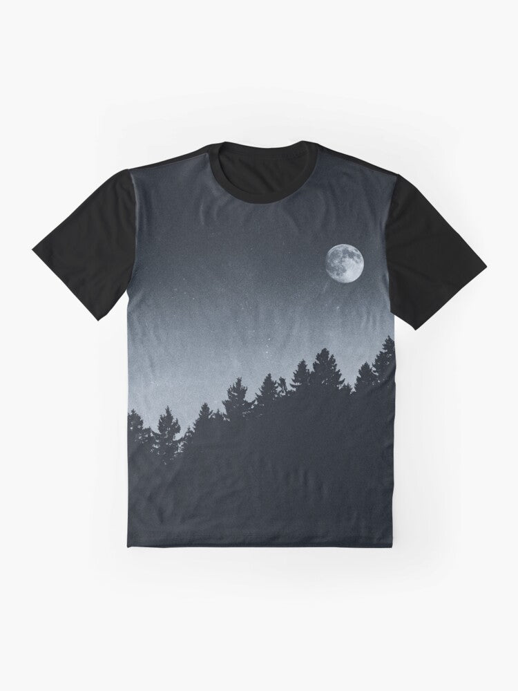 Mysterious night sky graphic t-shirt featuring a landscape with Cascadia trees, a supermoon, and astrological symbols - Flat lay