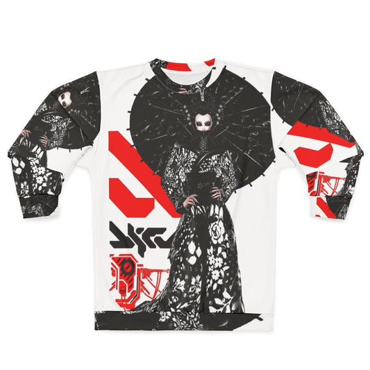 Cyberpunk futuristic sweatshirt with geisha aesthetic design