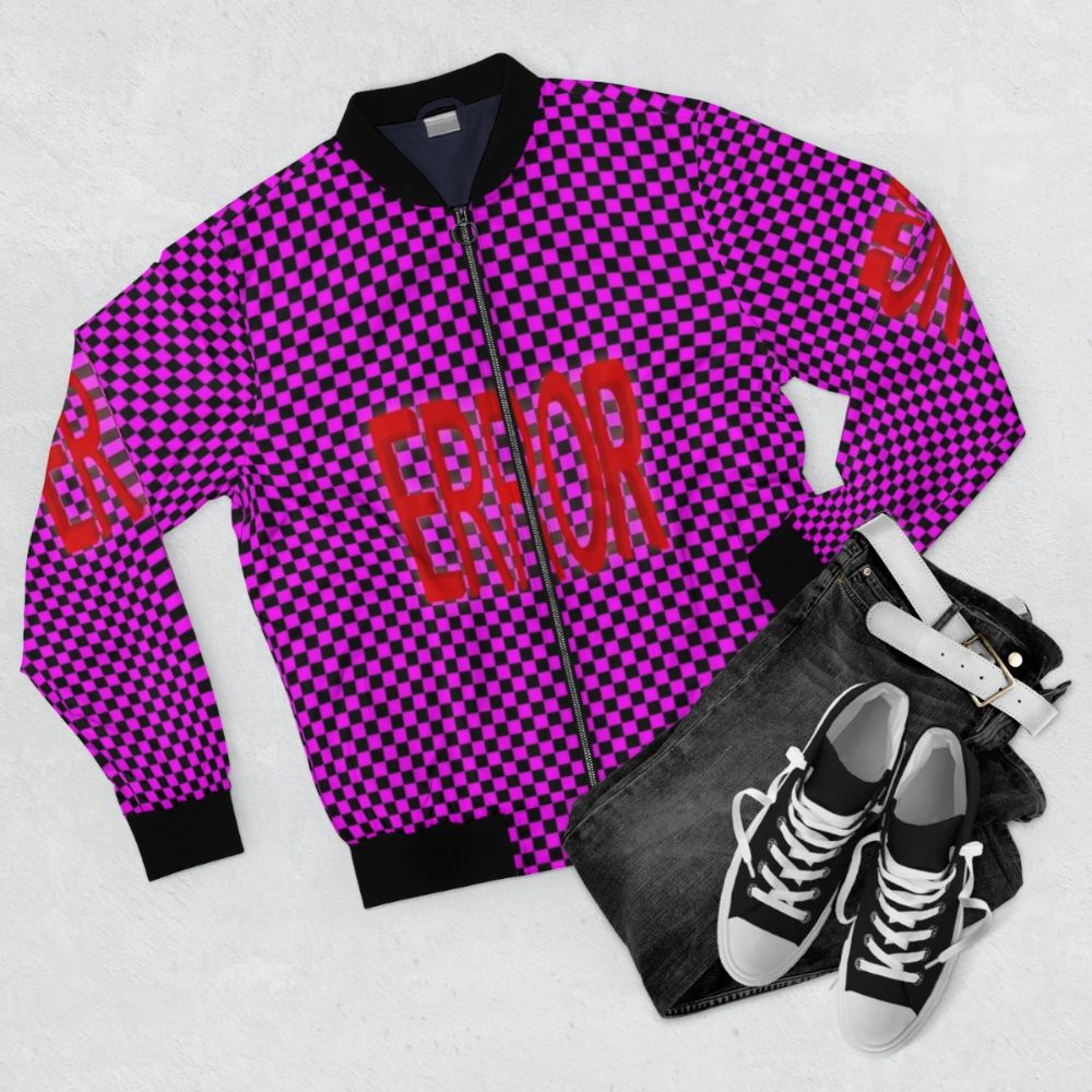 "Error Glitch Bomber Jacket - Featuring a video game inspired digital error texture design" - Flat lay