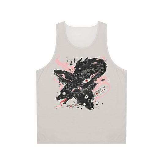 Unisex tank top featuring a design with wild wolves and many creepy eyes