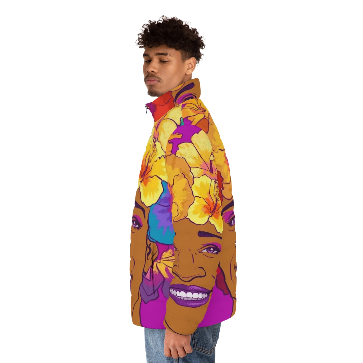 Marsha Johnson Tribute Puffer Jacket featuring a colorful floral design and crown motif - men side left