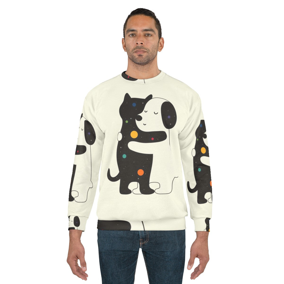 Cozy sweatshirt with colorful universal language design for animal lovers - men