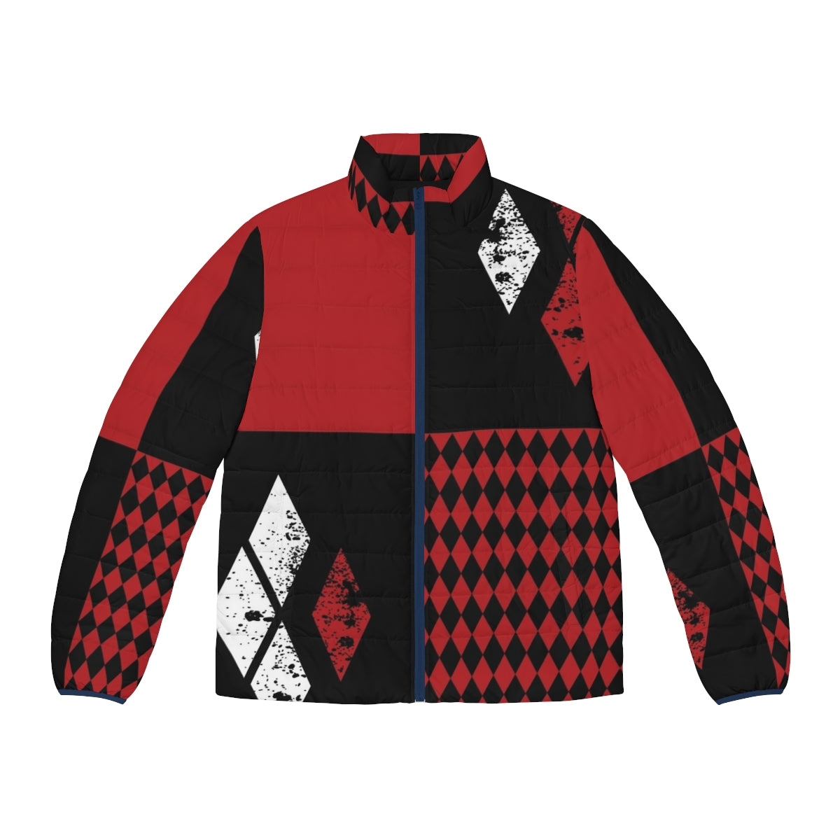 A red, white, and black puffer jacket with diamond patterns, perfect for a Harley Quinn-inspired look.