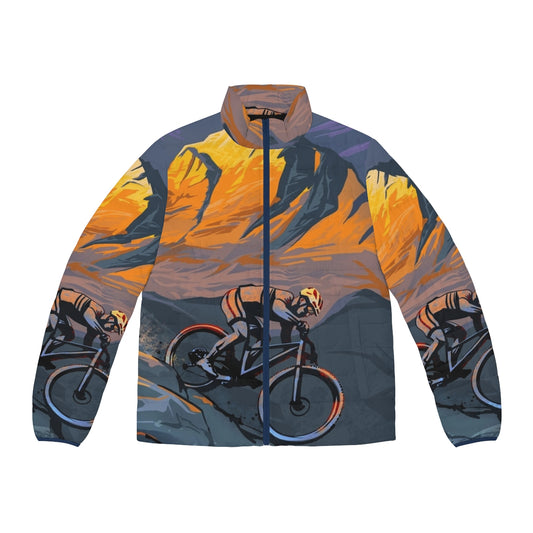 Sunset Peak Mountain Biker Puffer Jacket featuring scenic mountain bike artwork by Sassan Filsoof