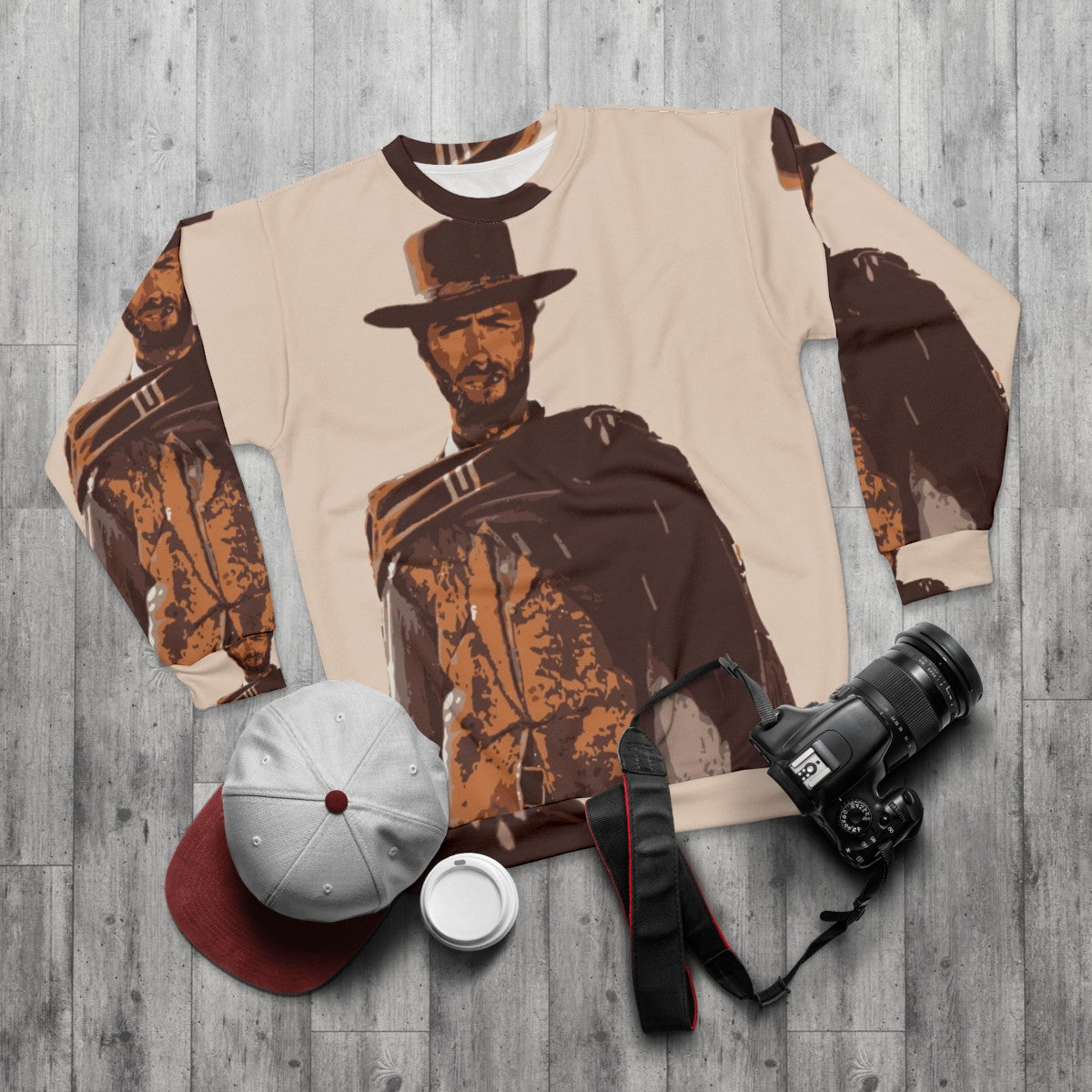 Clint Eastwood Sweatshirt, Iconic Actor Wearing Cowboy Hat - flat lay