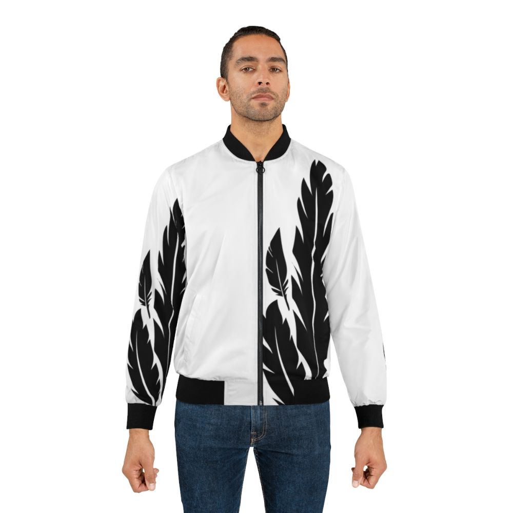 Stylish black and white bomber jacket featuring Hawkmoon themed feather design for Destiny fans - Lifestyle