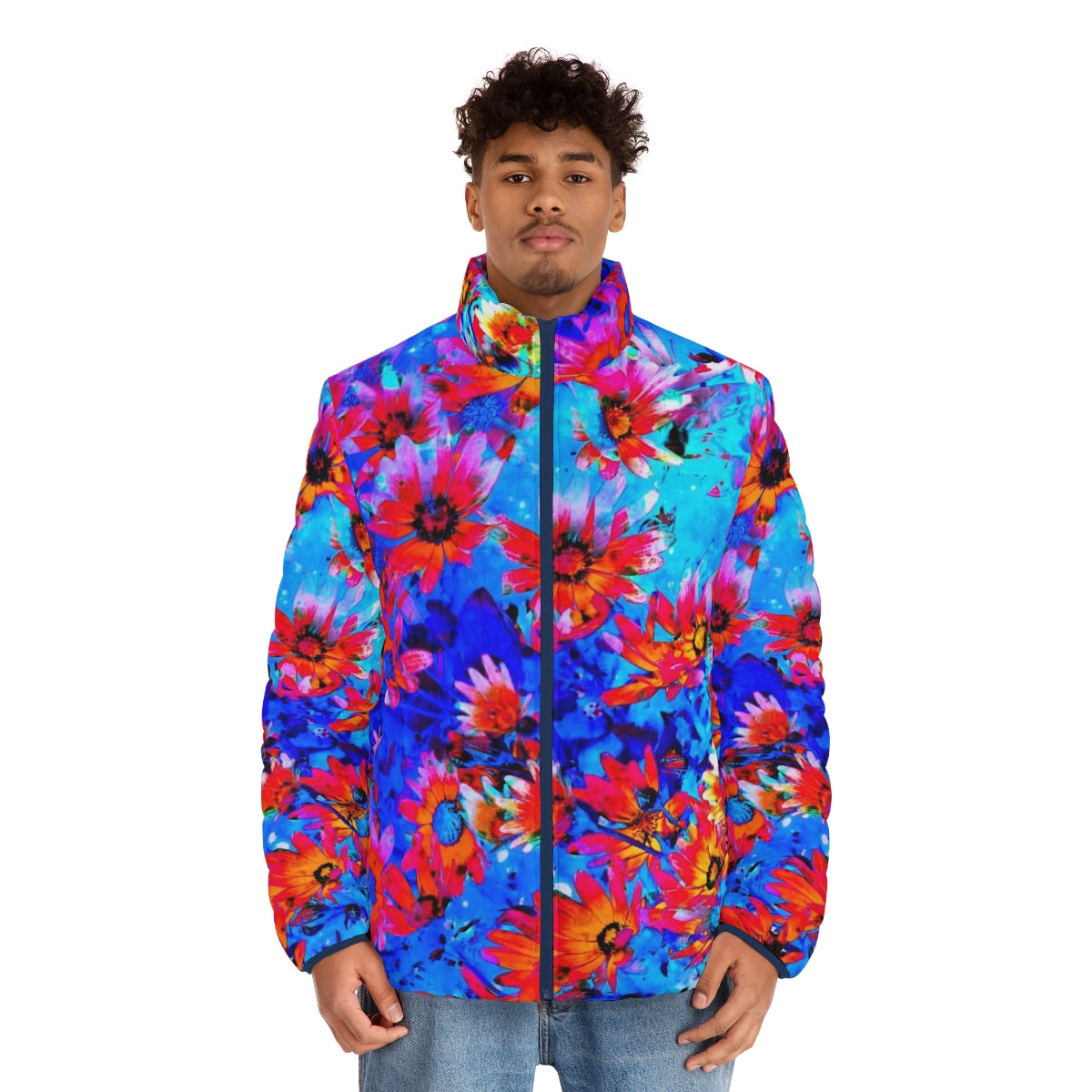 Floral puffer jacket with flowers blooming - men front