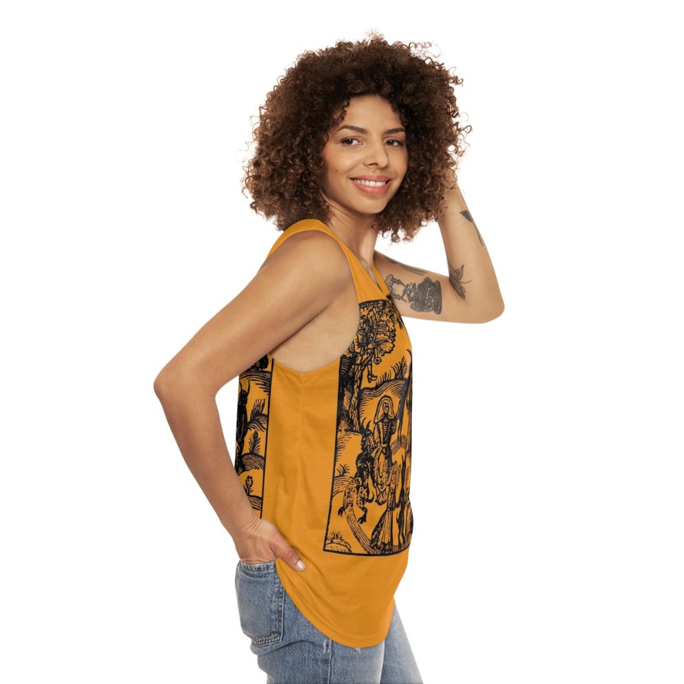 A unisex tank top with a gothic, occult-inspired skeleton dancing design - women side