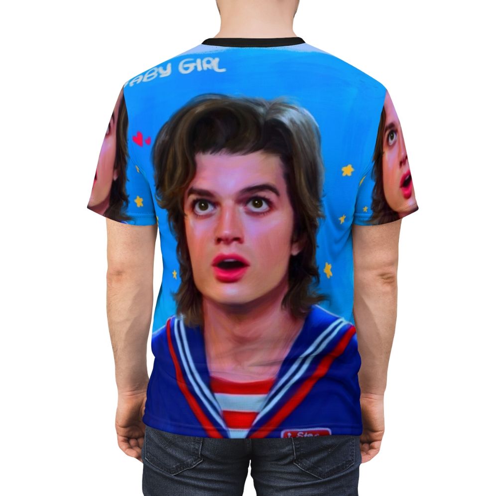 Retro-inspired t-shirt design featuring Steve Harrington from the Netflix series Stranger Things - men back