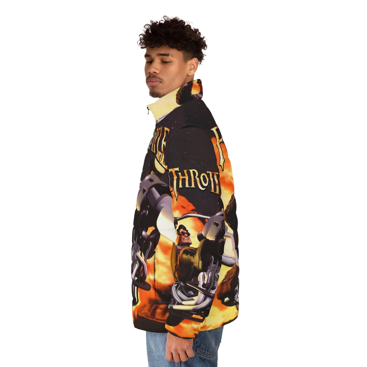 A high contrast puffer jacket inspired by retro gaming - men side left