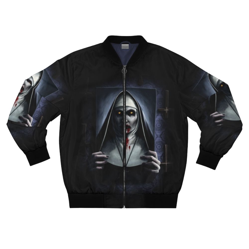 Valak demon-inspired bomber jacket with creepy, haunting design