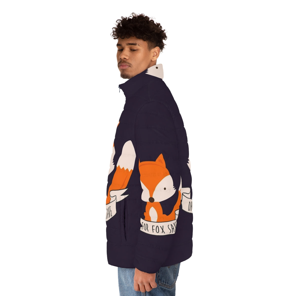 Colorful "Oh For Fox Sake" puffer jacket with cute fox design - men side left