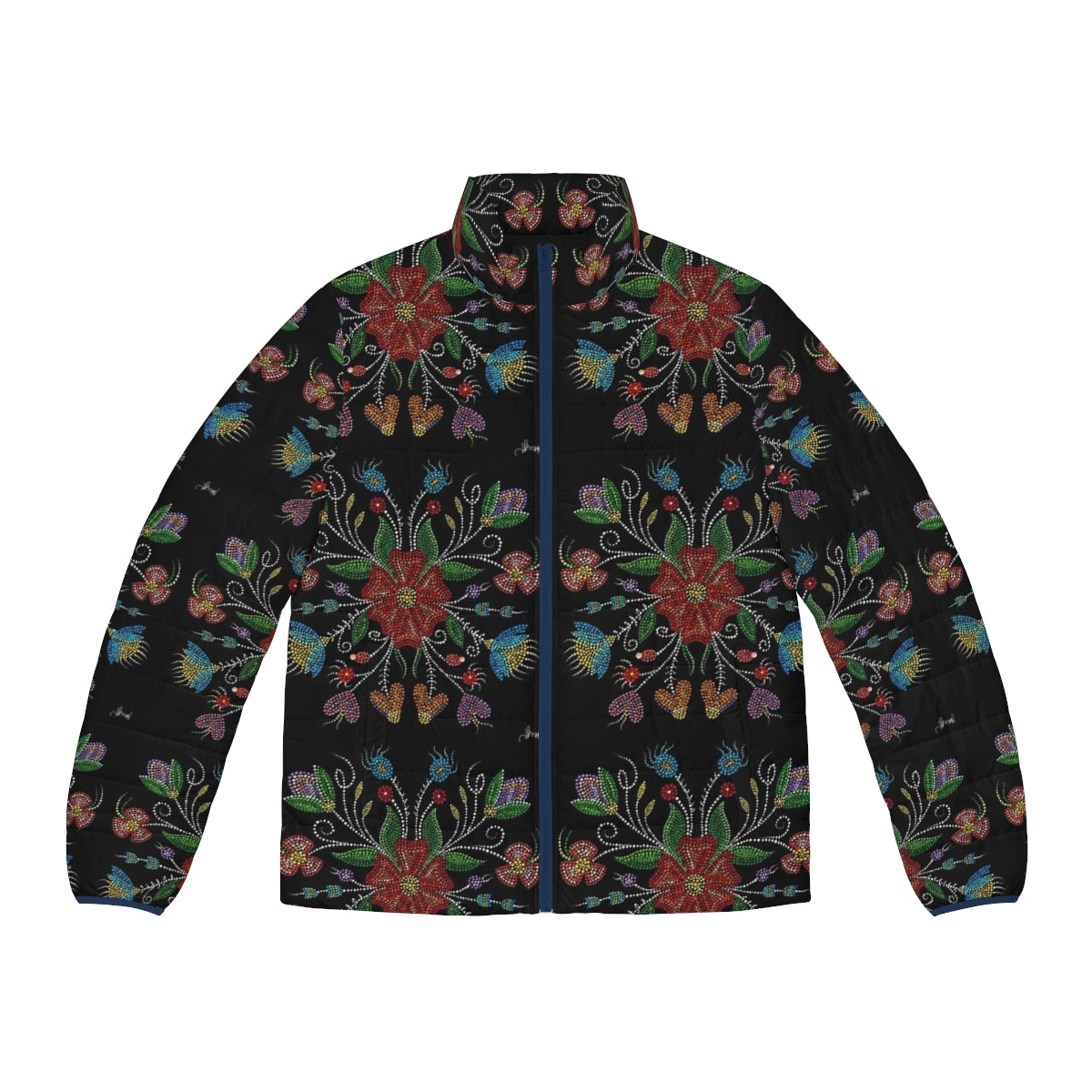 Metis inspired puffer jacket with intricate beadwork design