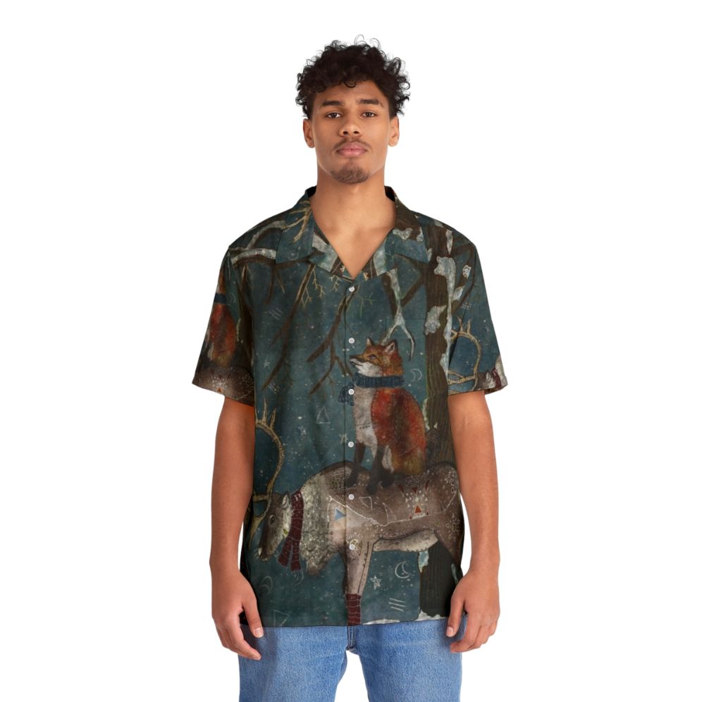 Winter Tale Hawaiian Shirt with Snowy Forest and Wildlife Scenery - People Front