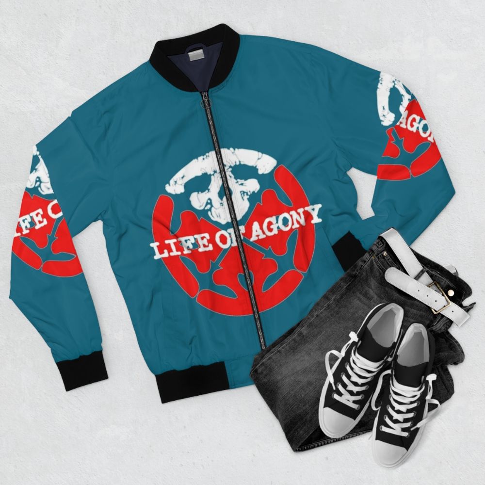 Life of Agony Red Logo Bomber Jacket - Flat lay