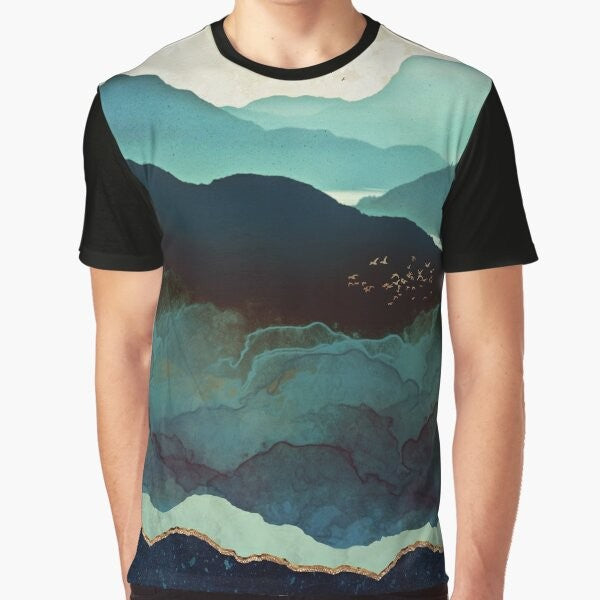 Indigo mountains and nature landscape graphic t-shirt design with abstract watercolor elements