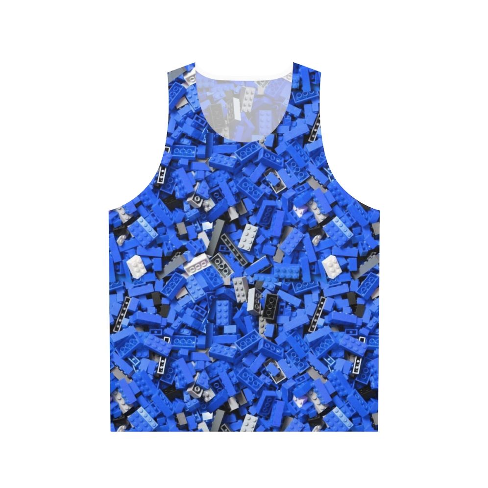 Blue unisex tank top with a repeating bricks/lego-inspired pattern