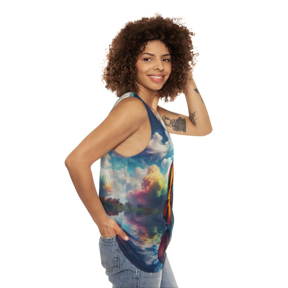 Unisex tank top with nature-inspired artistic landscape and melodic reflection - women side