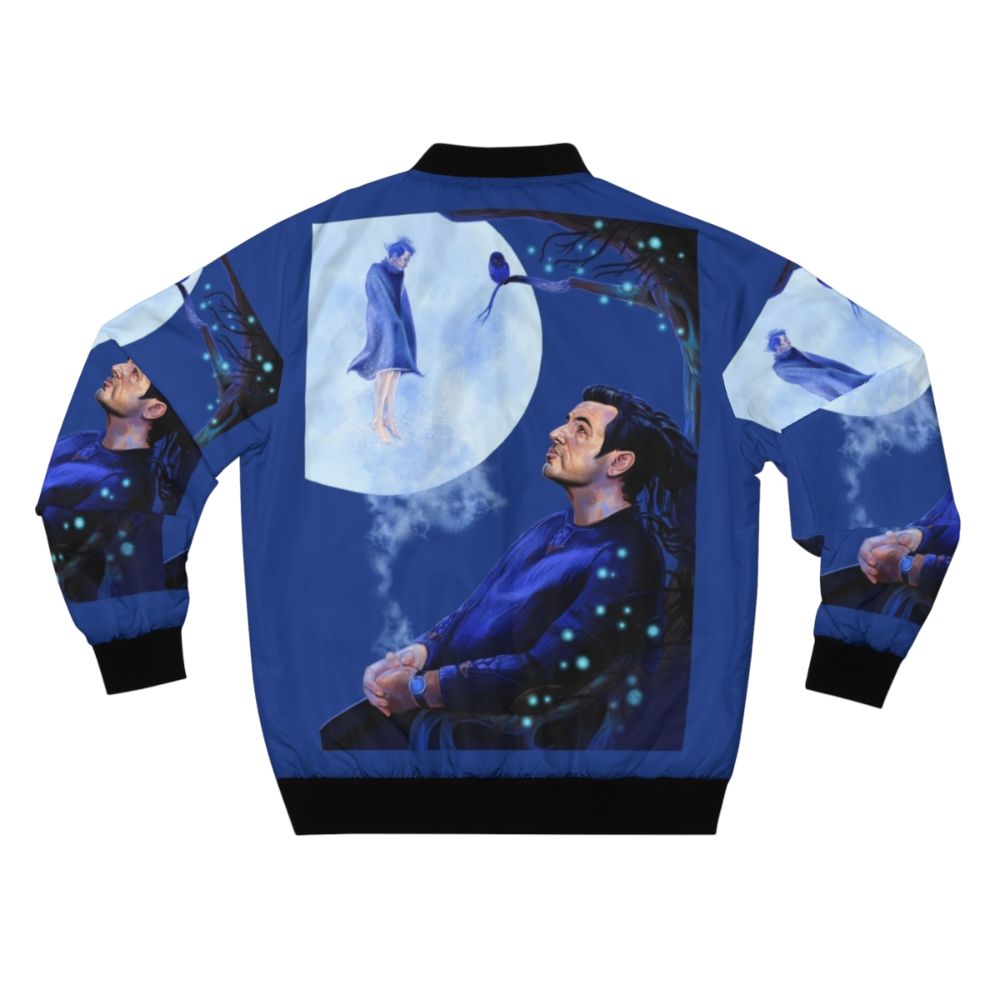 A bomber jacket featuring a magical moonlit night scene with a man, tree, owl, and other fantastical elements inspired by Claes Bang's portrayal of Dracula. - Back